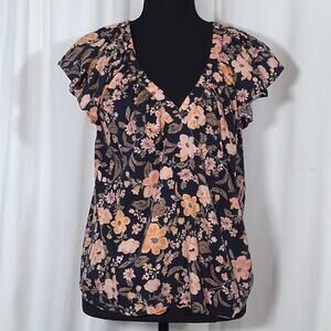 Old Navy Floral Flutter Sleeve Swing Blouse Medium V Neck Top Navy Cottagecore